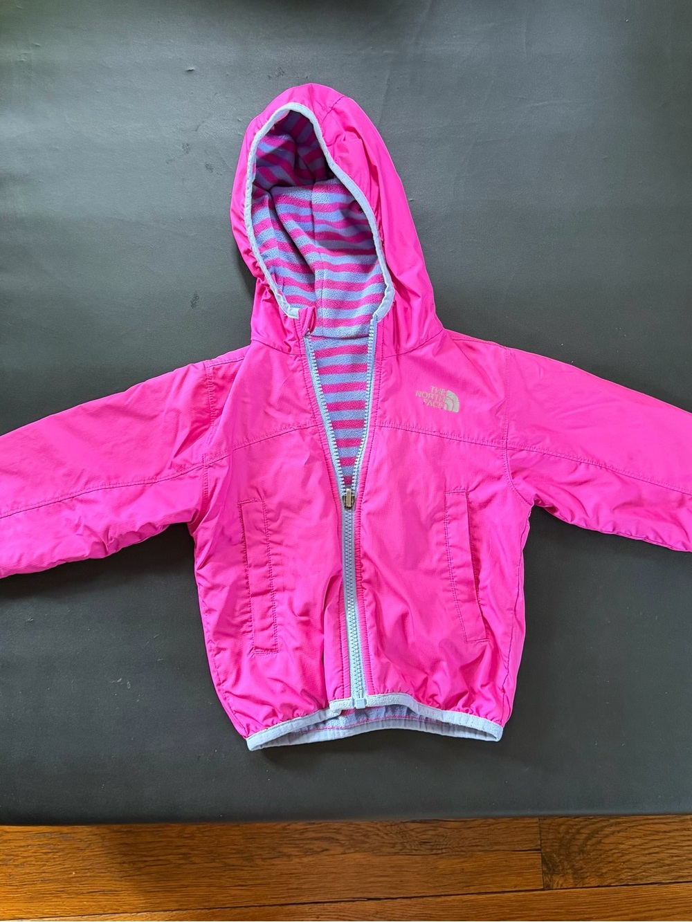 The North Face 3T/4T Reversible Hot Pink Hooded Windbreaker with Striped Fleece
